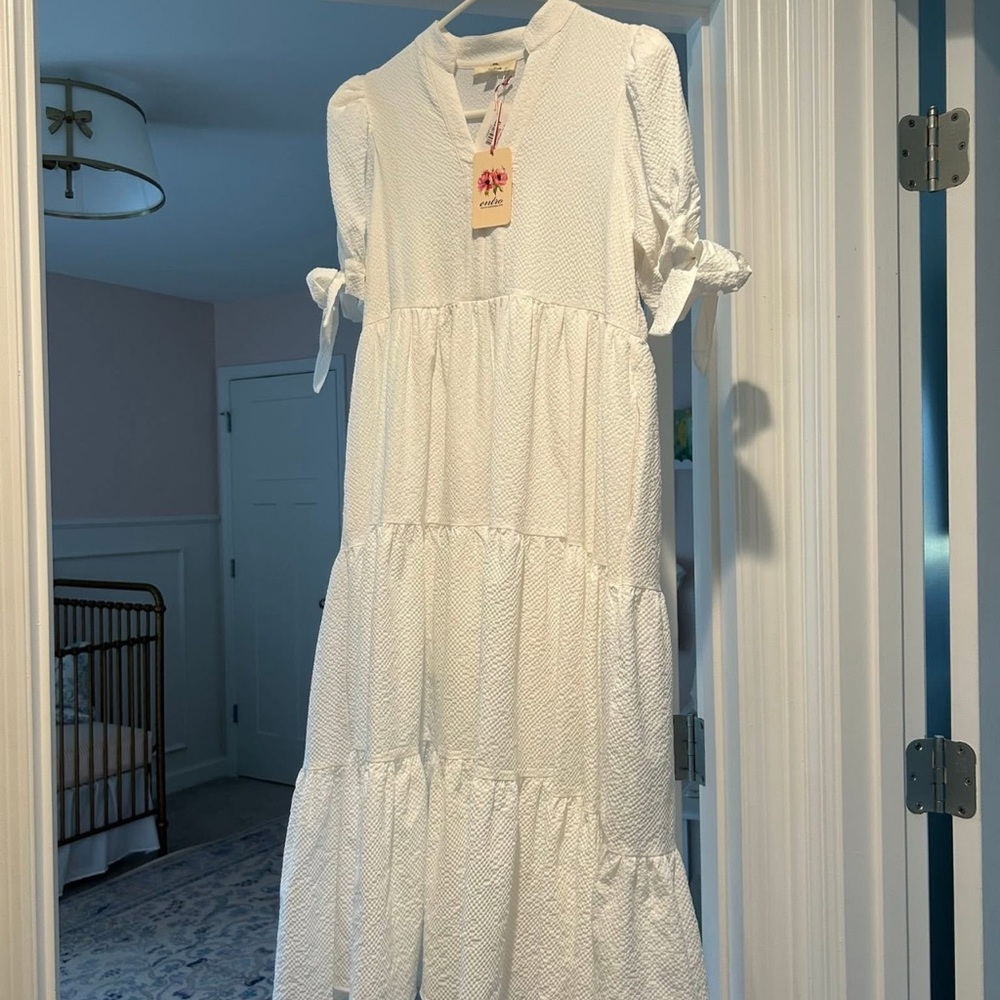 Posh Peanut White Tiered Sundress with Puff Sleeves